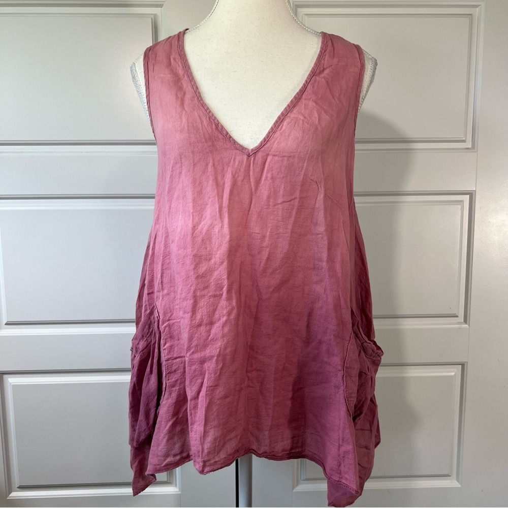 Womens Cotton Oversized Tunic Top Pink Ombre Pocket V Neck Sleeveless L‎